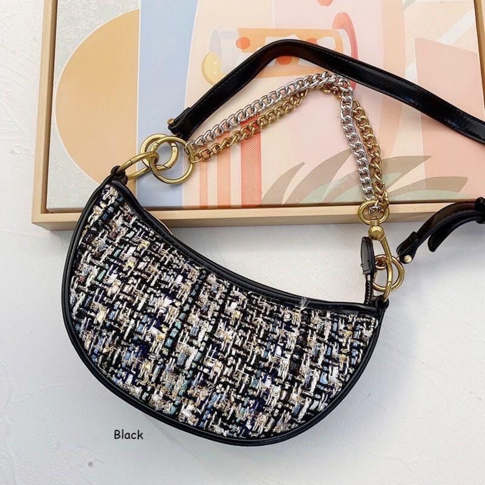 Charles & Keith Tweed Crescent Crossbody Zip Double Chain